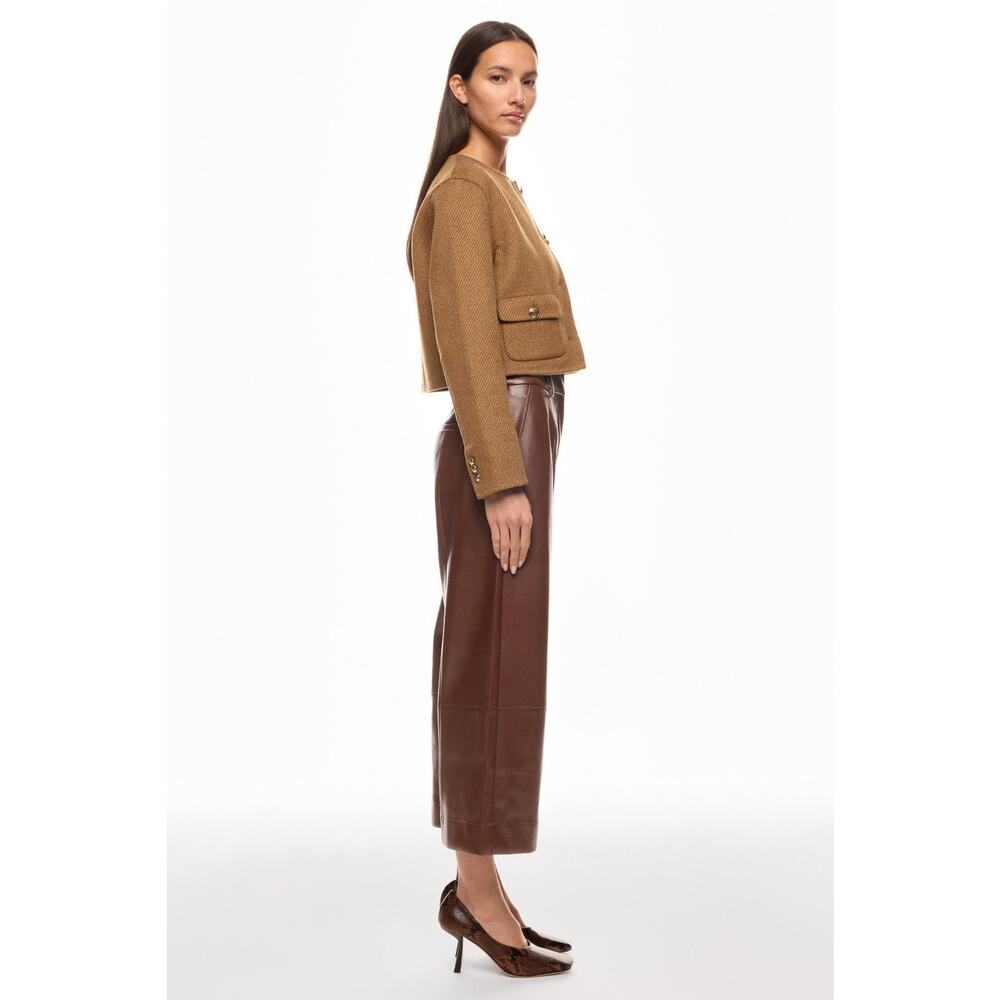 Woven Cropped Jacket and Faux Leather Culotte Pants Set - Brown/Tan - Picture 2 of 12